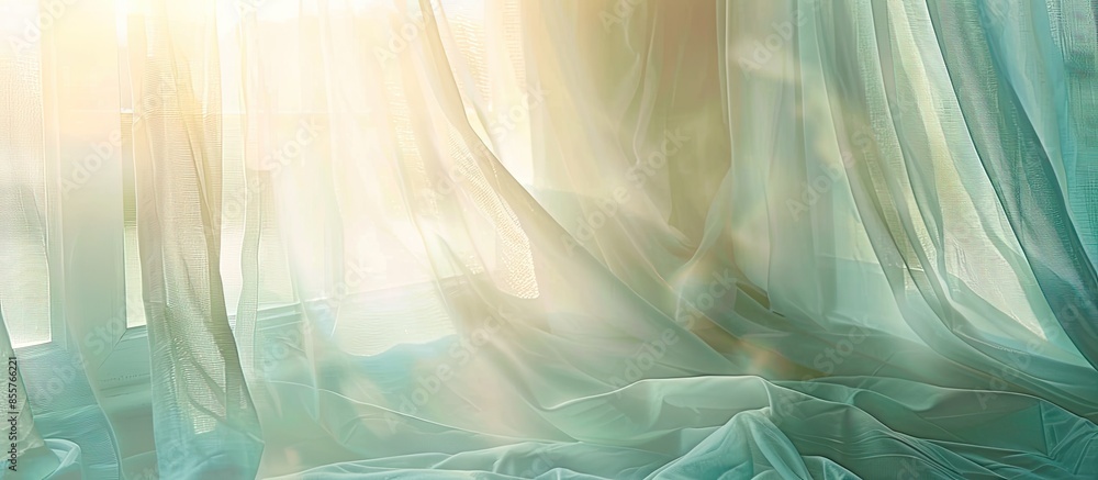 Poster sunlight in morning day through white curtain on window. with copy space image. Place for adding text or design