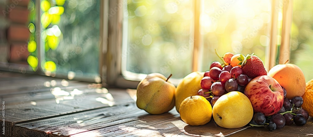 Poster fresh fruit in the kitchen on a wooden table by the sunny window. copy space image. place for adding