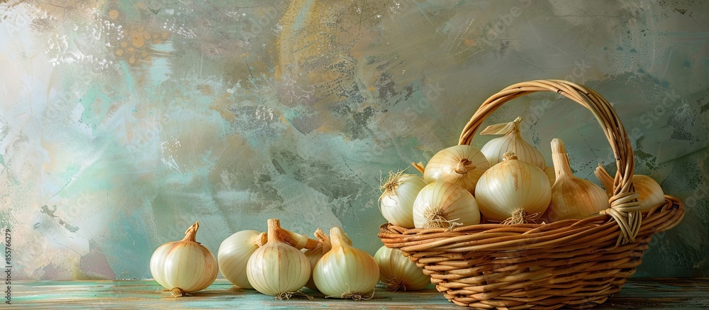 Poster Still life of onions with wicker basket with pastel background. Rustic style. Vertical image. with copy space image. Place for adding text or design