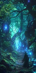 Obraz premium 21 Enchanted forest with bioluminescent pathways wizard casting spell worm's-eye view