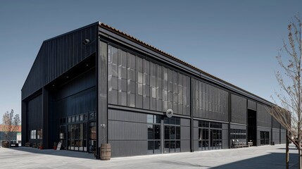 Modern industrial building featuring a sleek wooden facade and large windows. The design integrates contemporary aesthetics with functional industrial architecture.	