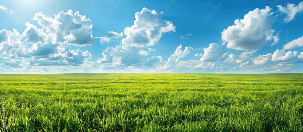 Fototapete Panoramic natural landscape with green grass field and blue sky with clouds with curved horizon line. Panorama summer spring meadow. Copy space image. Place for adding text or design