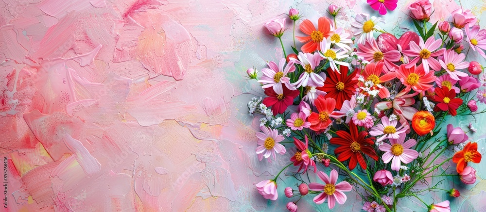 Poster bouquet colorful cosmos flowers and heart . holiday card. pastel background. with copy space image. 