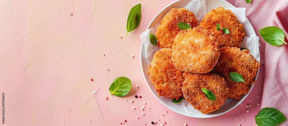 Poster fried cutlets in bread crumbs, isolated on pastel background. with copy space image. place for addin
