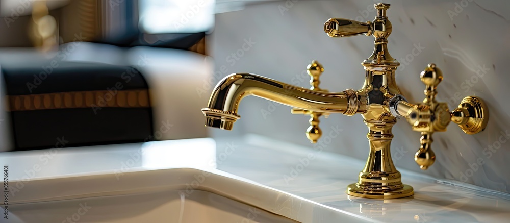 Poster close-up classic gold tap in vintage bathroom. with copy space image. place for adding text or desig