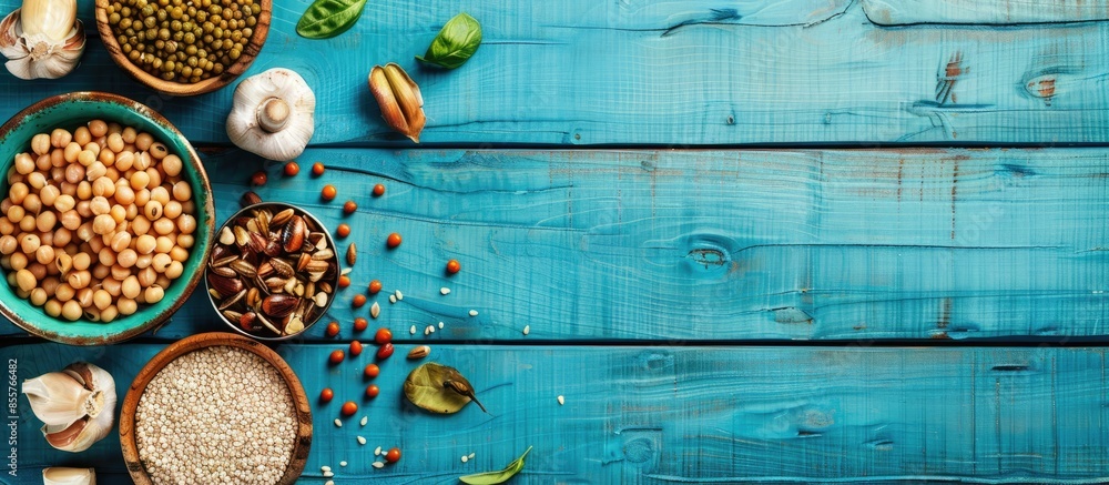 Poster vegan protein sources. top view on a blue wooden background. copy space image. place for adding text