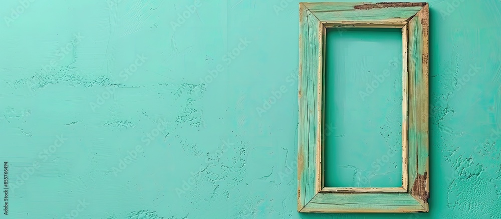 Poster Painted in green wooden picture frame Isolated on pastel background. with copy space image. Place for adding text or design