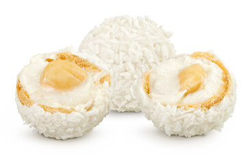 round candy raffaello with coconut flakes and nut isolated on white background