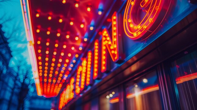 23 Vintage pop art cinema marquee bold lights bustling street night low angle