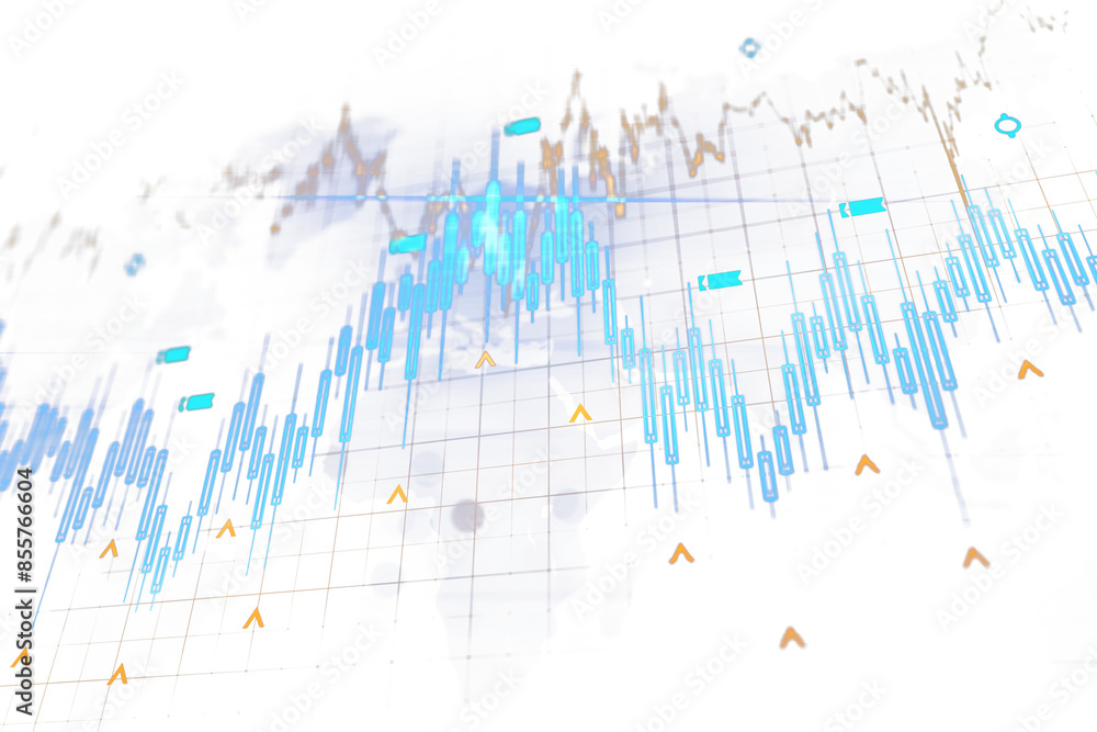 Poster Abstract financial chart with uptrend line graph and stock numbers on a transparent grid