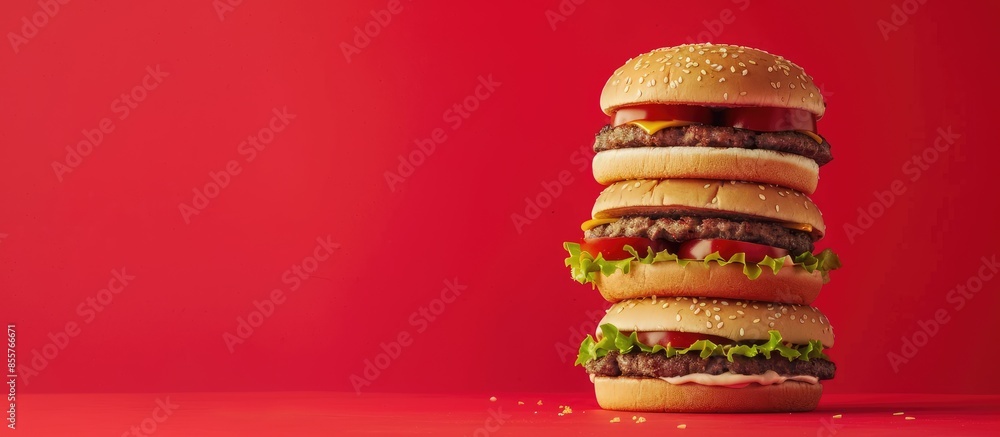 Poster A very tall hamburger, over a red background. Copy space image. Place for adding text or design