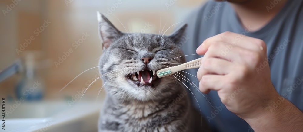 Poster toothbrush for animals. man brushes teeth of a gray cat. animal care concept. copy space image. plac