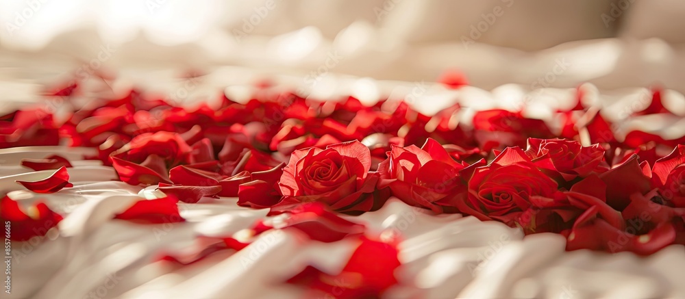 Poster wedding bed topped with rose petals,heart of red petals on bed. with copy space image. place for add
