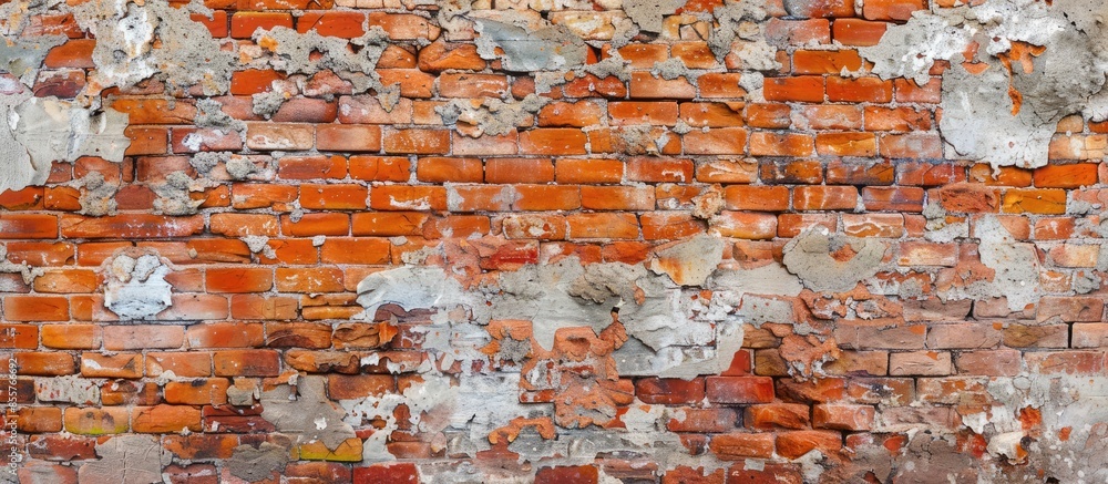 Poster background of red brick wall with peeling plaster. red old brick texture, surface. with copy space i