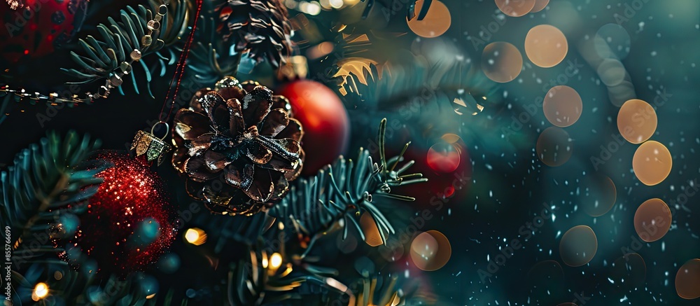 Poster Christmas tree decorated with red toys, ornaments, pine cones, beads bokeh lights dark close-up. with copy space image. Place for adding text or design