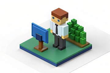 Miniature people. White background. A miniature businessman typing on a laptop keyboard.