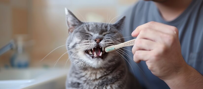 toothbrush for animals. man brushes teeth of a gray cat. animal care concept. Copy space image. Place for adding text or design
