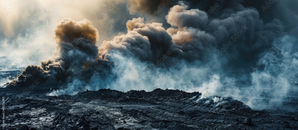 Poster explosive works on open pit coal mine industry with dust and puffs of smoke. copy space image. place