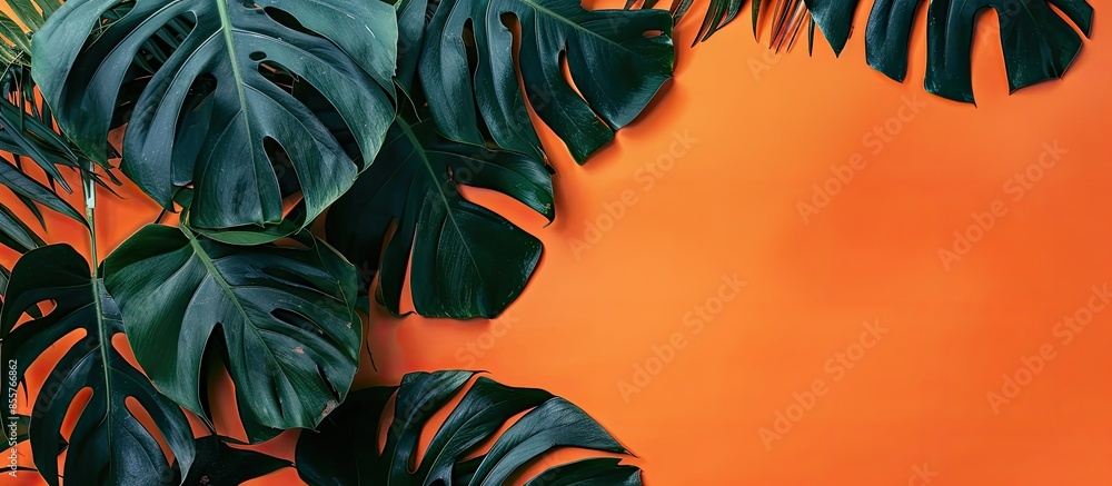 Poster Close-up Beautiful leaves of Monstera on orange the background. Monstera in a modern interior. Minimalism concept. Background for the site. with copy space image. Place for adding text or design