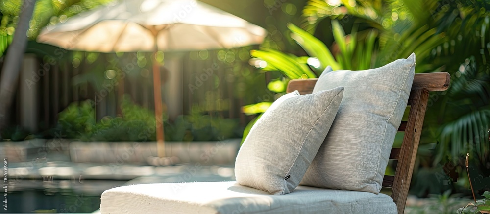 Poster pillows on outdoor patio chair with umbrella in garden. copy space image. place for adding text or d