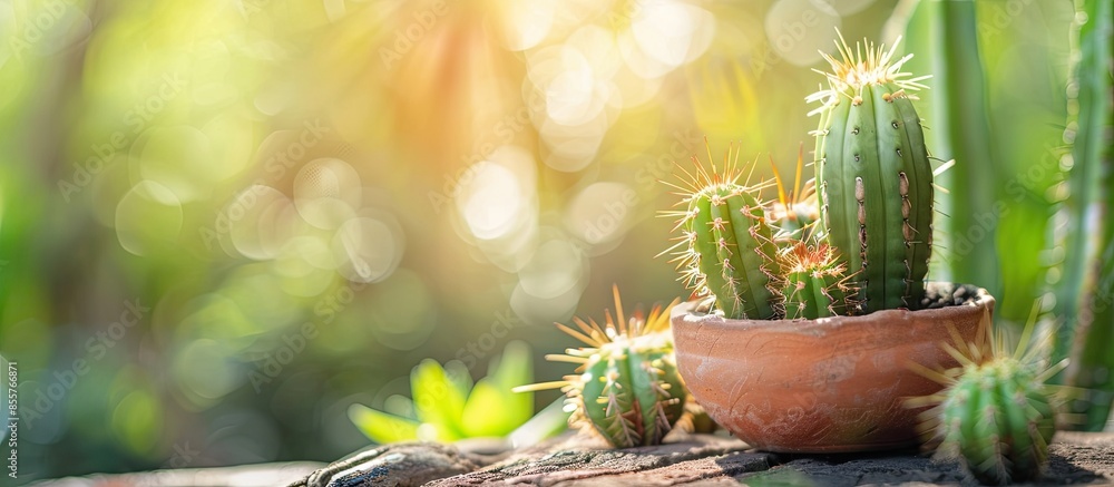 Poster small green cactus plants pots in garden nature background . with copy space image. Place for adding text or design