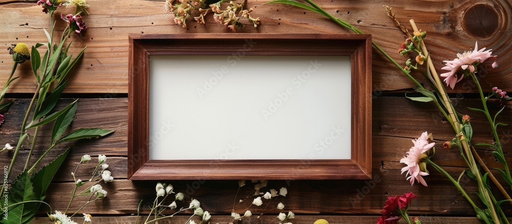 Poster Empty photo frame and beautiful flowers on wooden table, flat lay. Space for design. with copy space image. Place for adding text or design