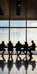 Team silhouettes in a modern conference room.