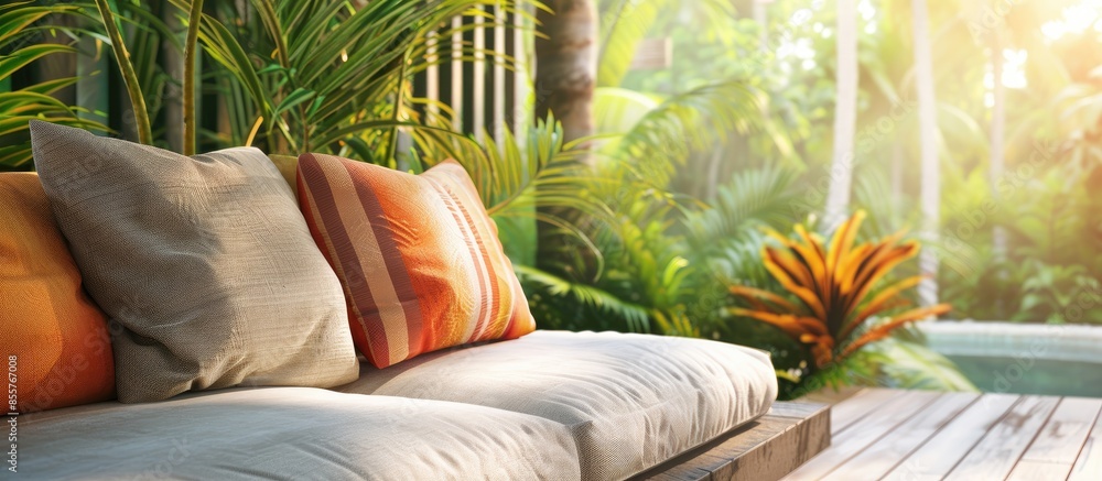Poster comfortable pillow on sofa decoration outdoor patio with tropical and nature view. with copy space i
