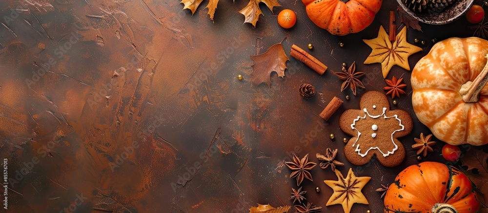 Aufkleber Beautiful gingerbread for Halloween and fresh pumpkin on the table. horizontal view from above. Copy space image. Place for adding text or design