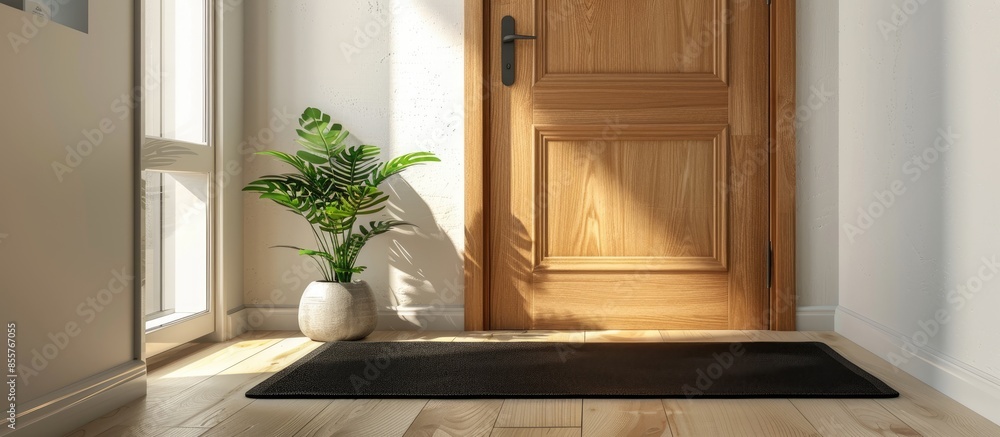 Aufkleber Black mat near wooden door in hallway. with copy space image. Place for adding text or design
