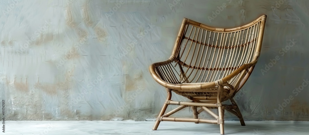 Poster front view of vintage woven rattan three legged chair made of bamboo wood twigs on cement floor with
