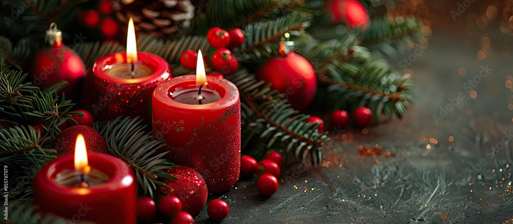 Poster Christmas tree branches, red candles. Christmas decorations on table. with copy space image. Place for adding text or design