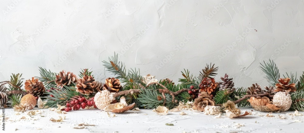 Poster christmas or new year decoration from fresh fir branches and dried flowers on a white table. prepara