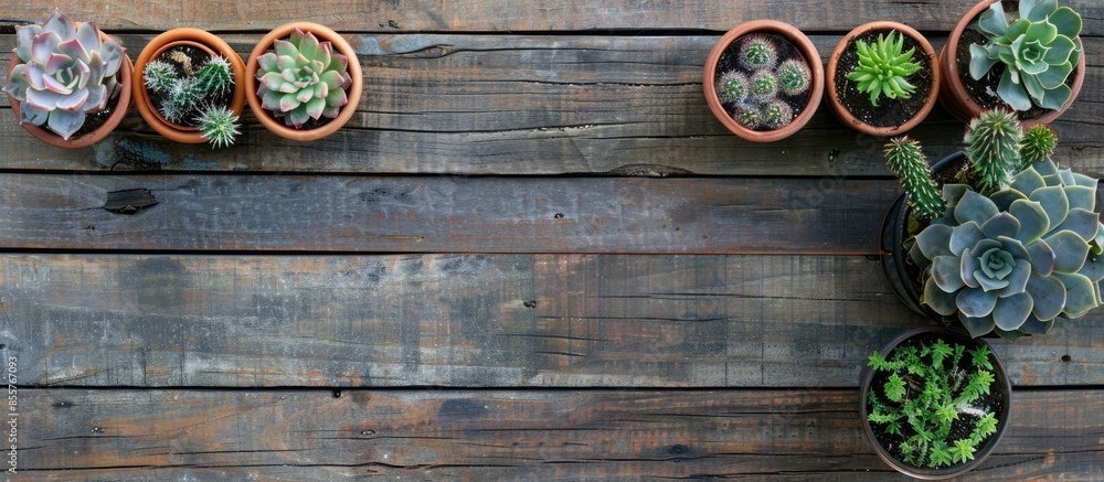 Poster collection of succulent plants in pots on wooden plank. with copy space image. place for adding text