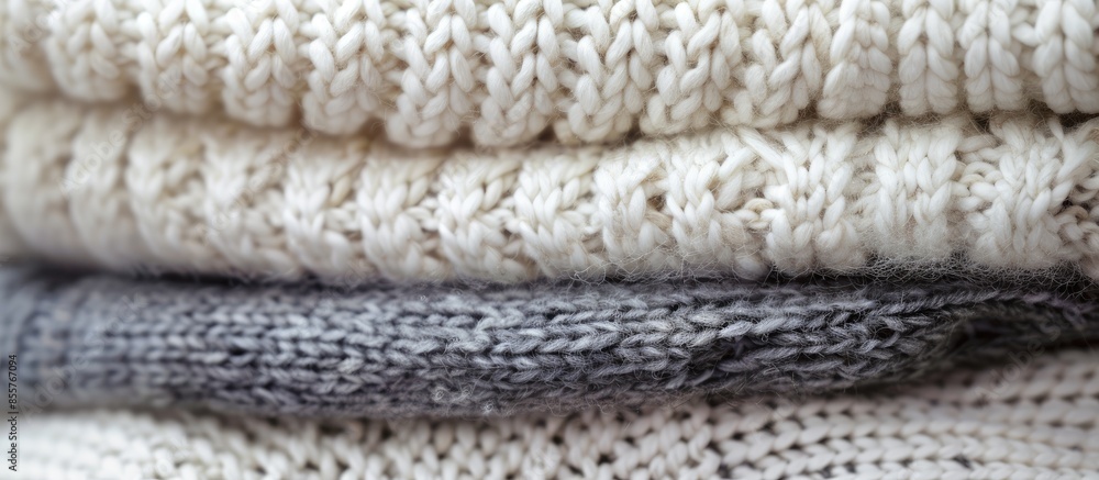 Poster Stack warm knitted sweaters in white and gray shades. with copy space image. Place for adding text or design
