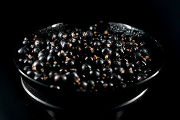 Black currants in a plate on a black background. Berries concept