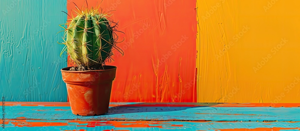 Leinwandbilder a cactus potted on a colorful wooden table. with copy space image. place for adding text or design