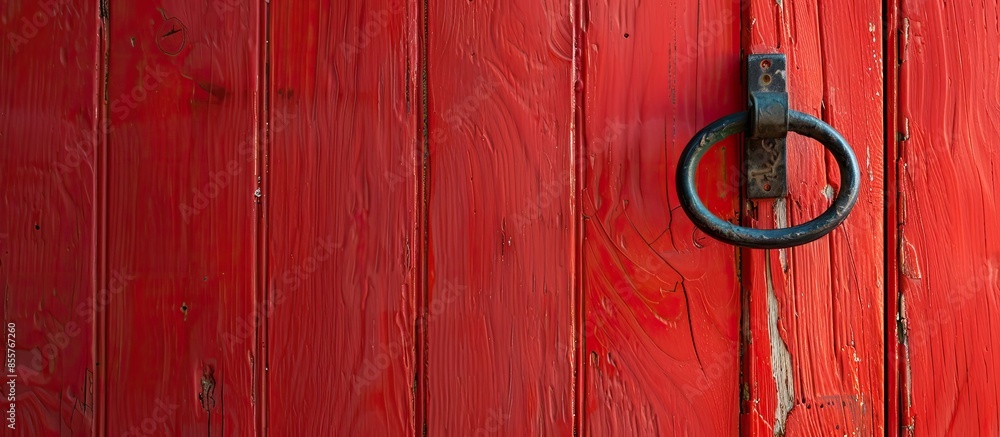 Poster A coat hook hanging on the back of a red door. with copy space image. Place for adding text or design
