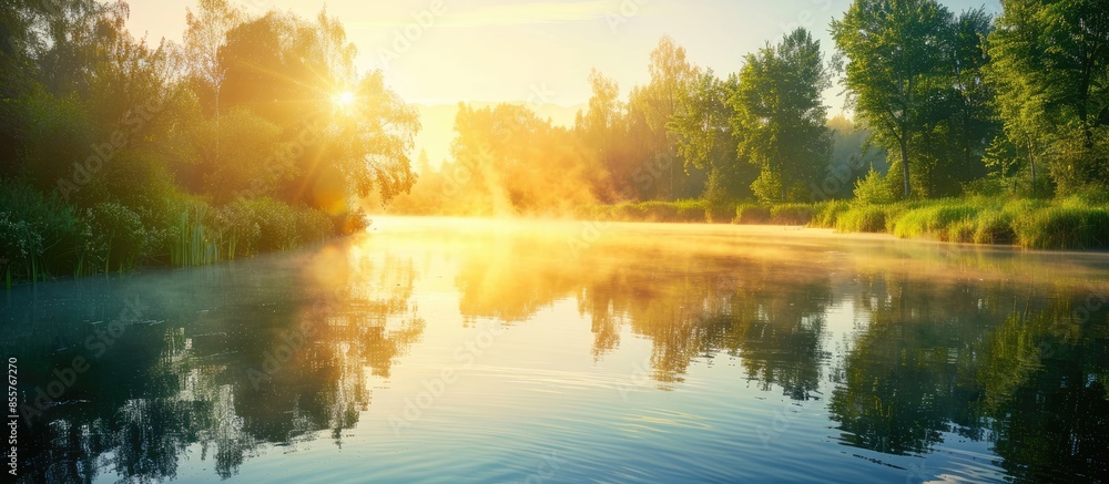 Aufkleber Beautiful sunrise over the river. Trees are reflected in the water. pastel background. with copy space image. Place for adding text or design