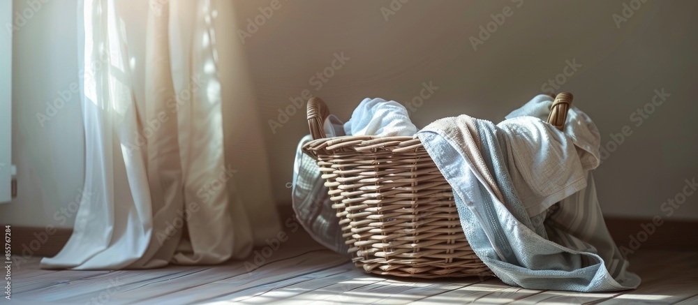 Poster Basket with dirty laundry on floor in bathroom. with copy space image. Place for adding text or design