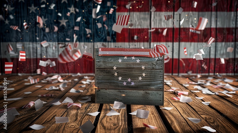 Poster an image of a wooden crate with a faded american flag design on it. the background features a large 