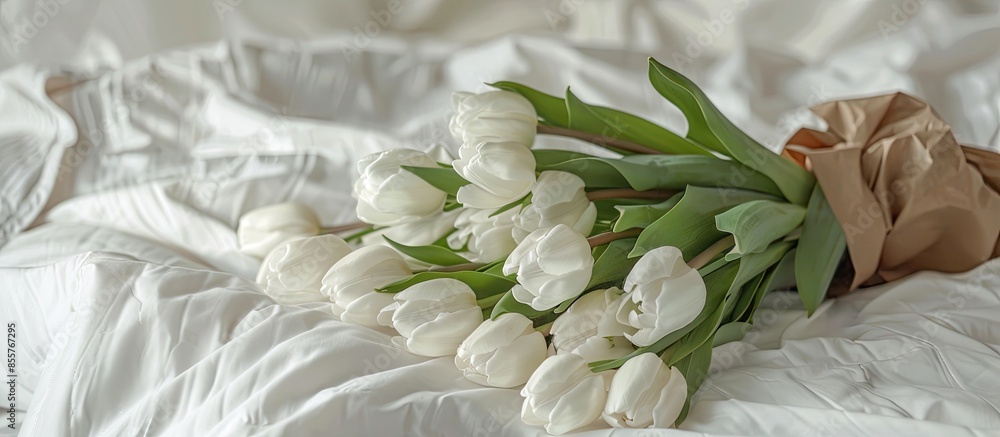 Poster a bouquet of white tulips lies on a white bed. a bouquet of tulips is packed in craft paper and lies
