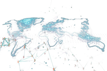 Abstract world map with network connections on a white background, symbolizing global communication and technology
