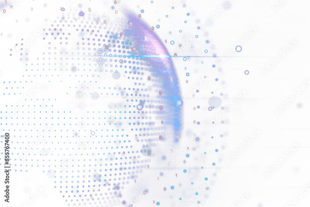 Poster Abstract digital representation with binary code and dots on a white background, conveying a concept of digital data
