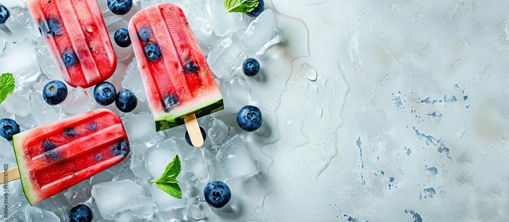 Poster fresh watermelon popsicles with blueberries cut on ice. copy space image. place for adding text or d