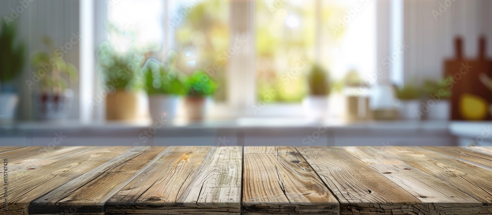 Poster wooden table top on blurred kitchen window background. with copy space image. place for adding text 