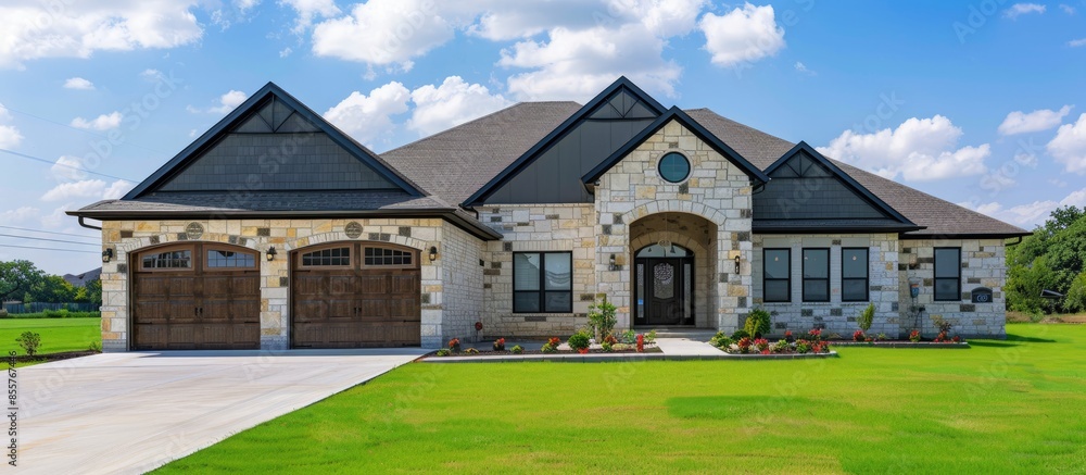 Poster large and beautiful home with double garage double front door and blue sky green grass. copy space i