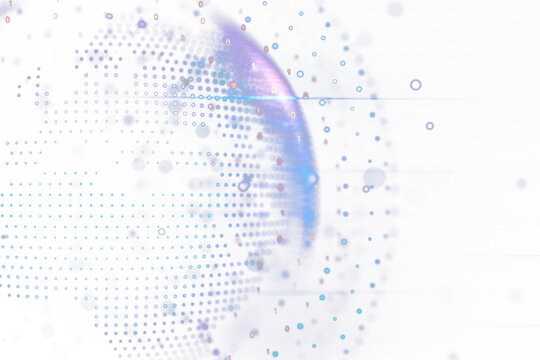 Abstract digital representation with binary code and dots on a white background, conveying a concept of digital data