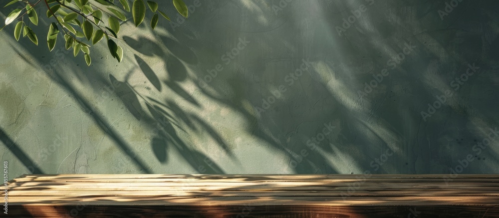 Poster Empty table and darkgreen wall. Table with sun reflections and leaves shadows on beige wall. Background with bokeh for product presentation.Mock up for presentation, branding products, cosmetics food
