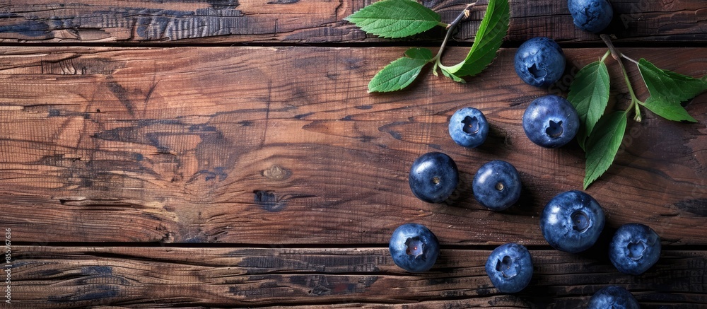 Poster blueberries with blueberry leaves on a old wooden table. with copy space image. place for adding tex